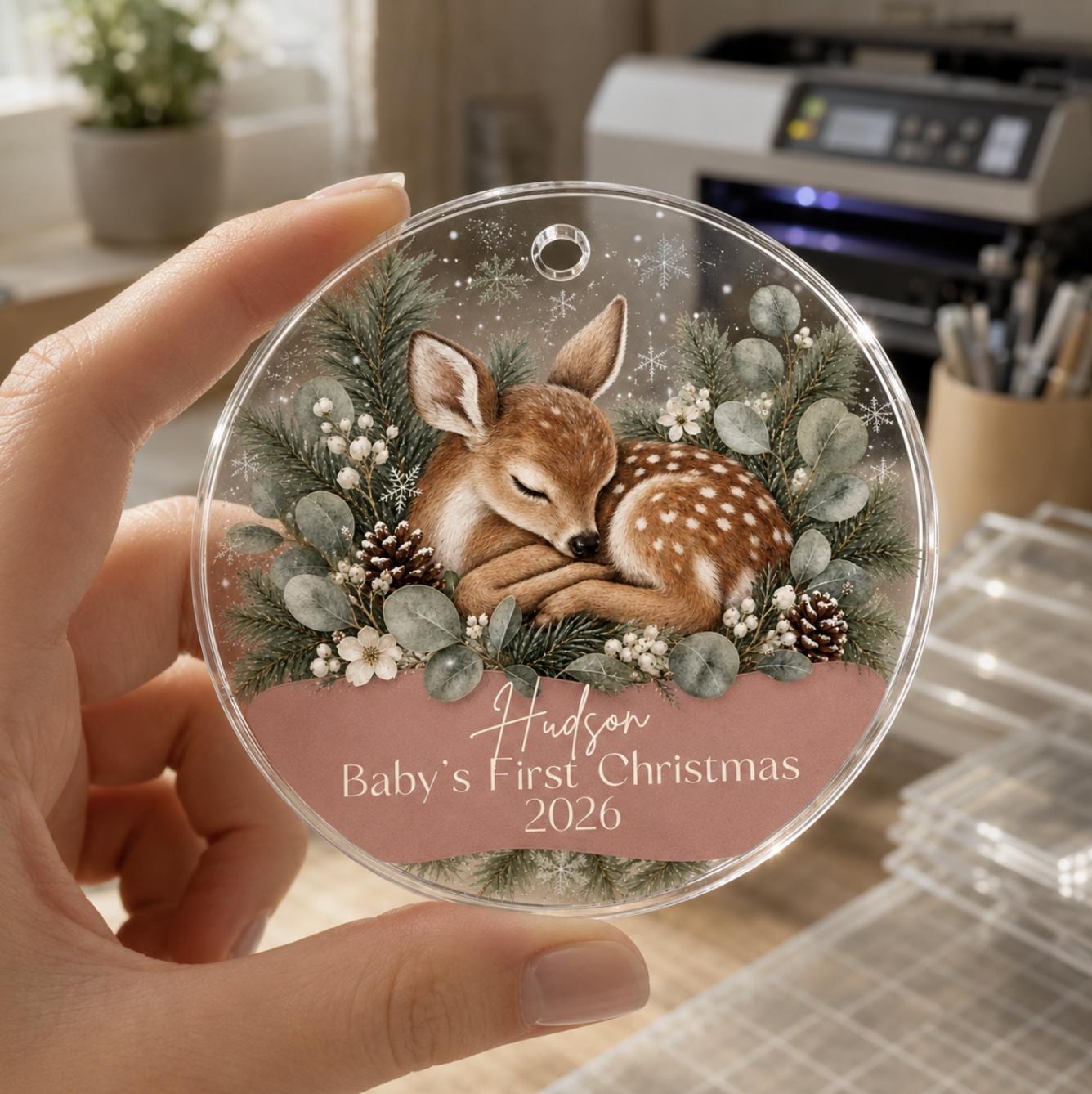 Baby's First Christmas Ornament 2026, Personalized Fawn Acrylic Ornament, Custom Name Woodland Deer Keepsake, New Baby Gift, Sage Nursery