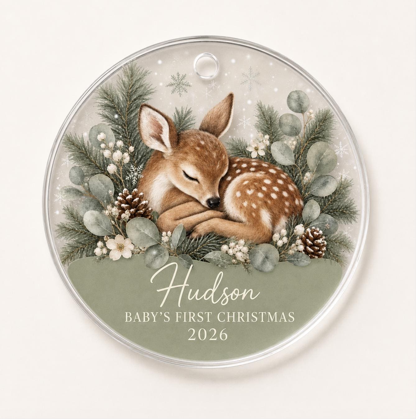 Baby's First Christmas Ornament 2026, Personalized Fawn Acrylic Ornament, Custom Name Woodland Deer Keepsake, New Baby Gift, Sage Nursery