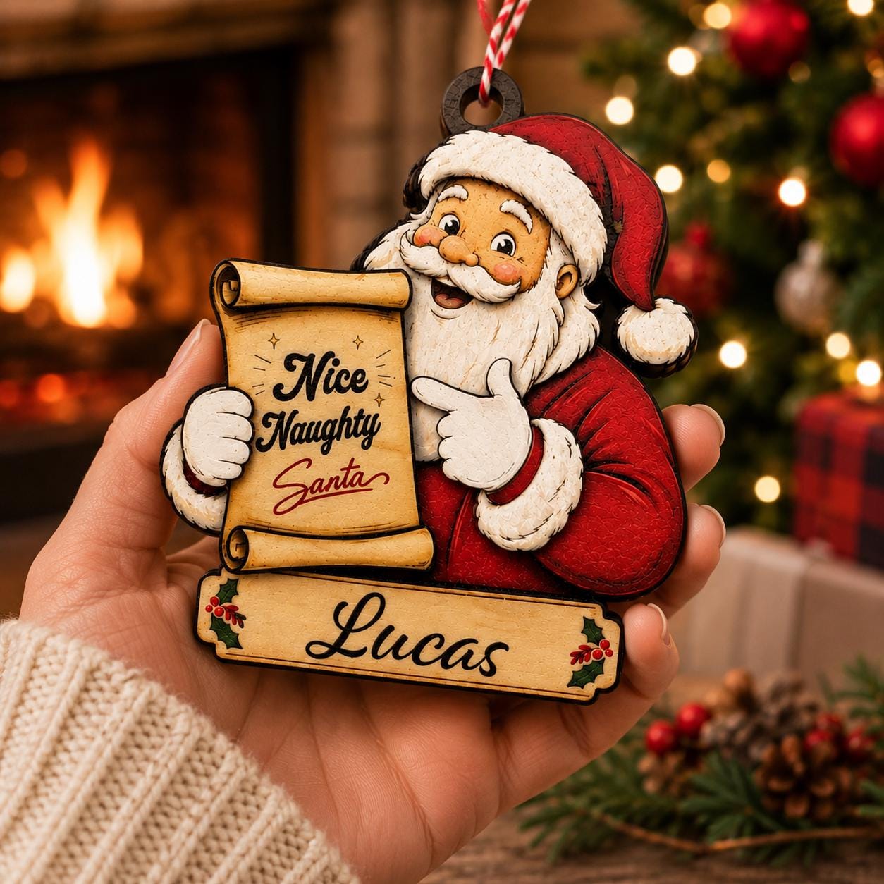 Personalized Santa Christmas Ornament, Custom Name Nice Naughty List Ornament,Kids Christmas Ornament, Laser Wood Ornament, Stocking Stuffer