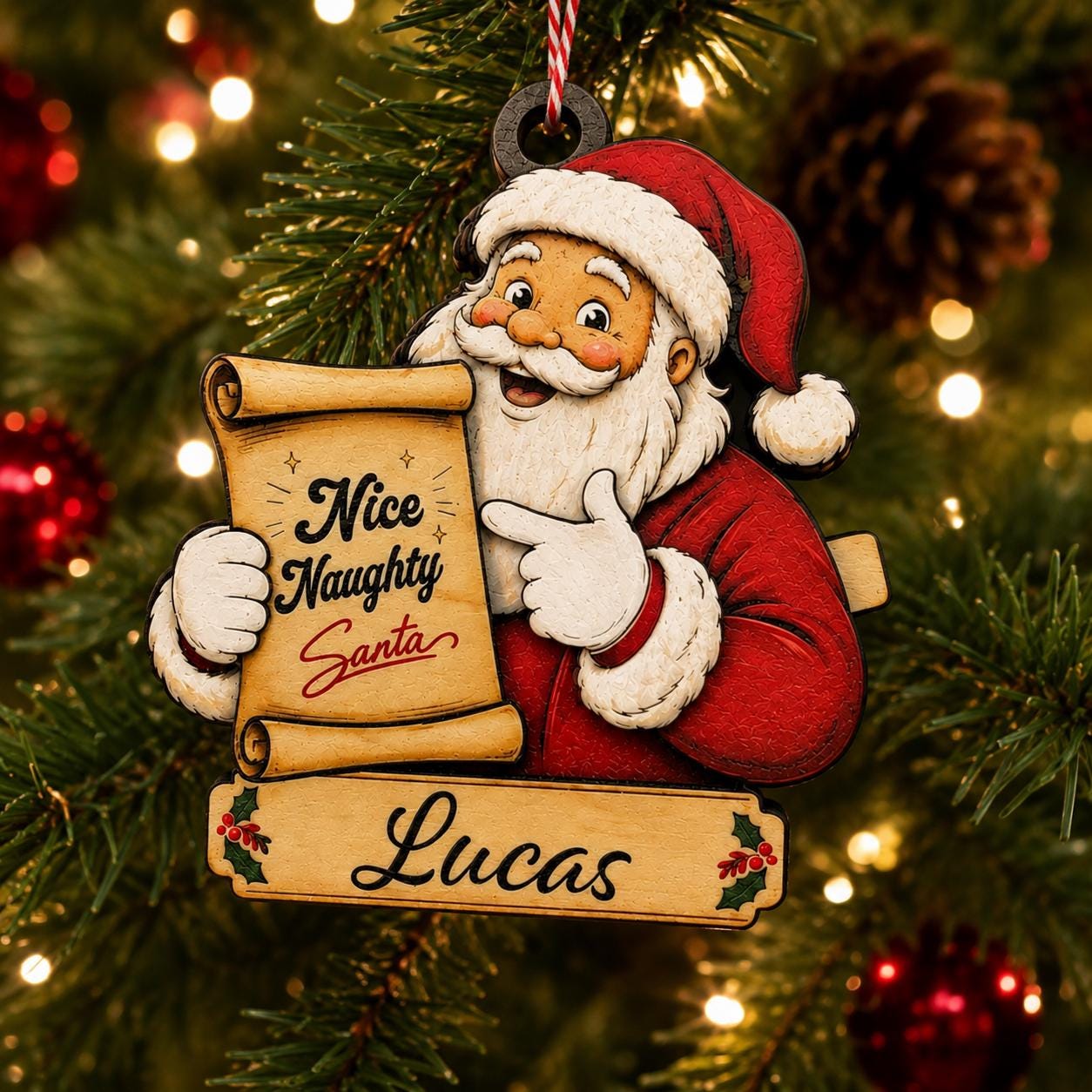 Personalized Santa Christmas Ornament, Custom Name Nice Naughty List Ornament,Kids Christmas Ornament, Laser Wood Ornament, Stocking Stuffer