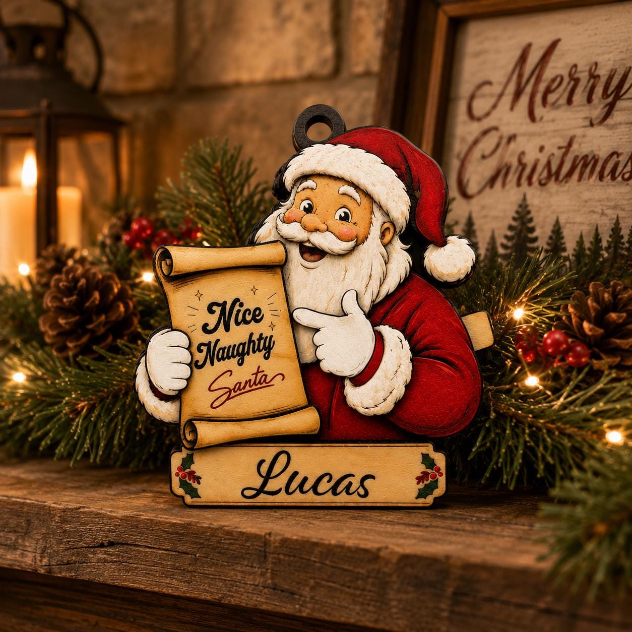 Personalized Santa Christmas Ornament, Custom Name Nice Naughty List Ornament,Kids Christmas Ornament, Laser Wood Ornament, Stocking Stuffer