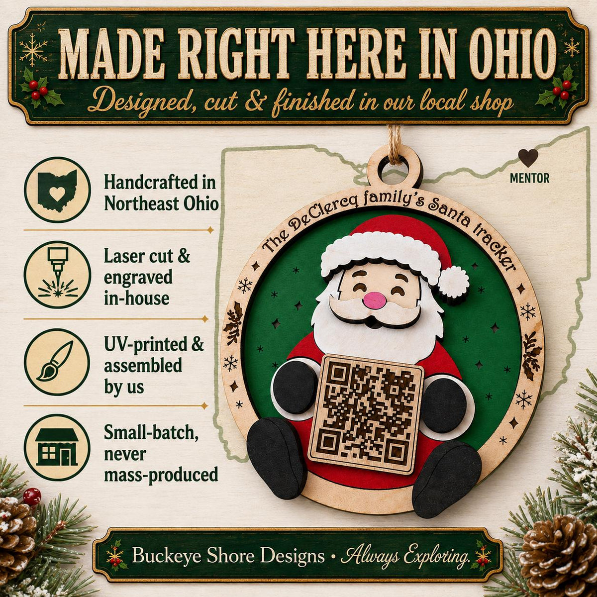 Personalized Santa Tracker Ornament, Family Name Christmas Ornament, Santa QR Code, Kids Christmas Eve Tradition, Wood Christmas Ornament