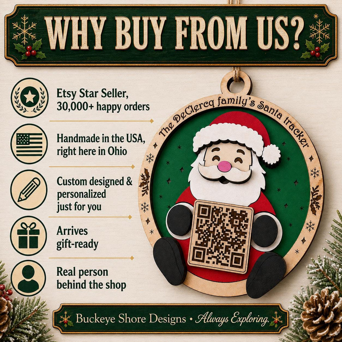 Personalized Santa Tracker Ornament, Family Name Christmas Ornament, Santa QR Code, Kids Christmas Eve Tradition, Wood Christmas Ornament