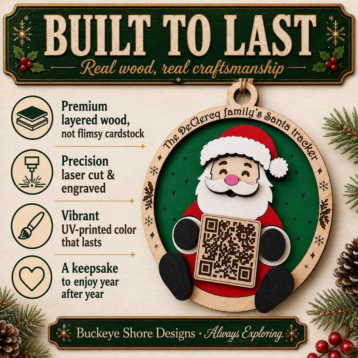 Personalized Santa Tracker Ornament, Family Name Christmas Ornament, Santa QR Code, Kids Christmas Eve Tradition, Wood Christmas Ornament