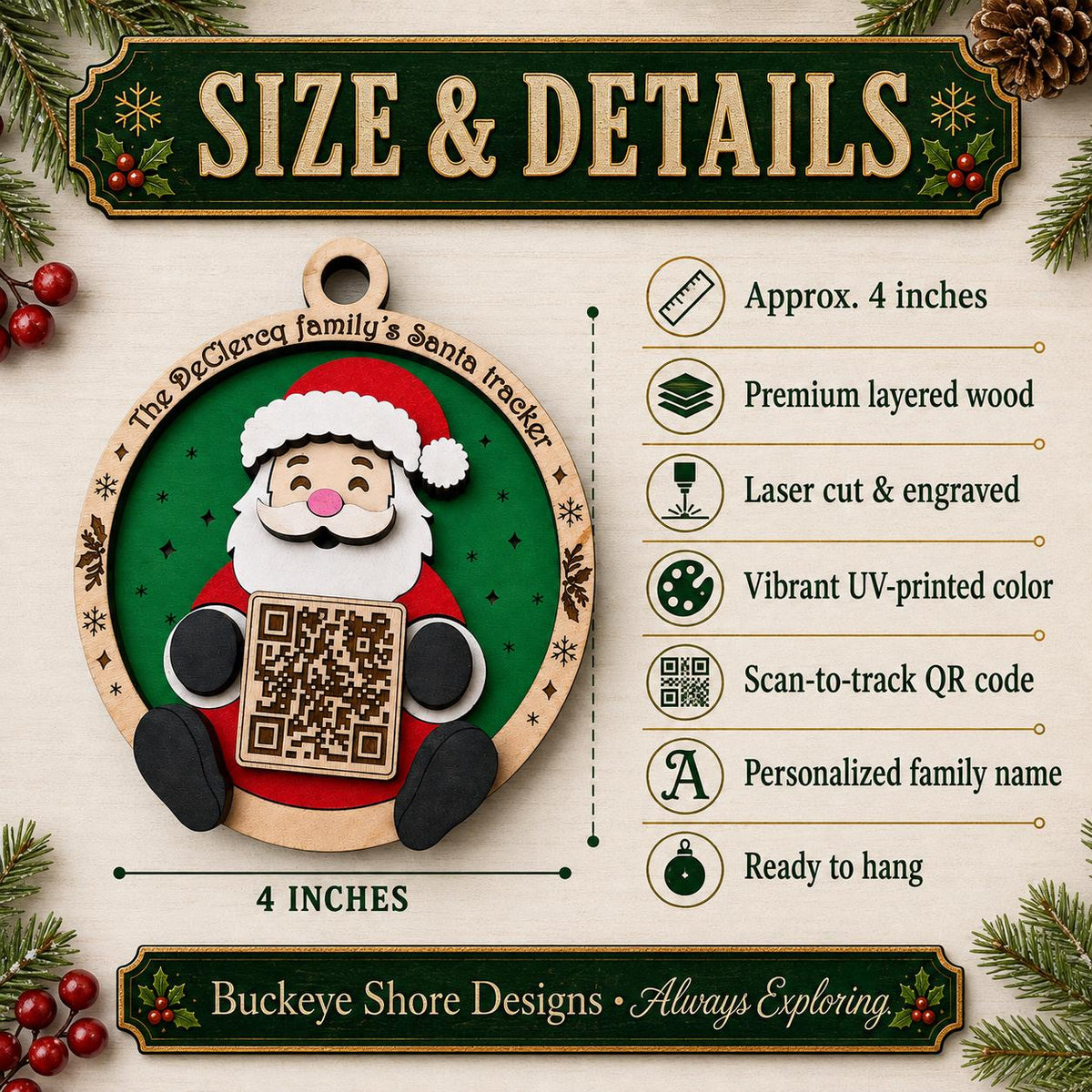 Personalized Santa Tracker Ornament, Family Name Christmas Ornament, Santa QR Code, Kids Christmas Eve Tradition, Wood Christmas Ornament