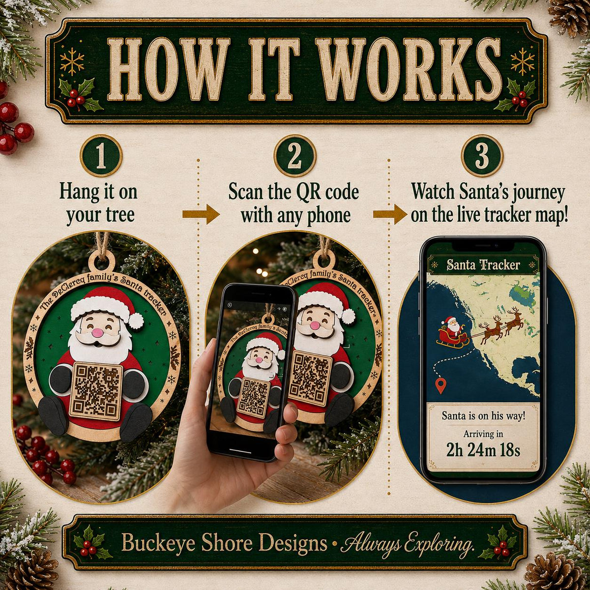 Personalized Santa Tracker Ornament, Family Name Christmas Ornament, Santa QR Code, Kids Christmas Eve Tradition, Wood Christmas Ornament