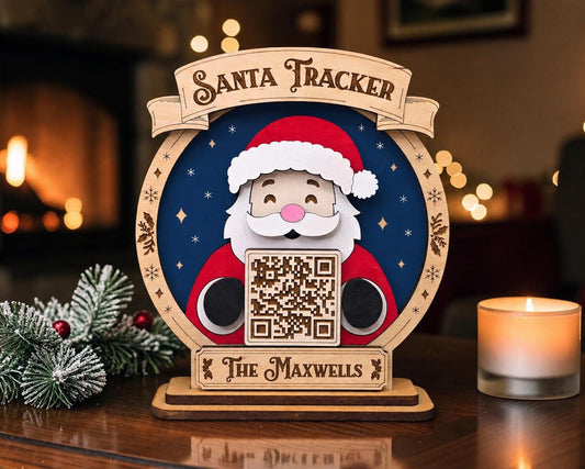 Personalized Santa Tracker Sign, Family Name Christmas Shelf Sitter, Scan to Track Santa QR Code, Kids Christmas Countdown, Christmas Decor