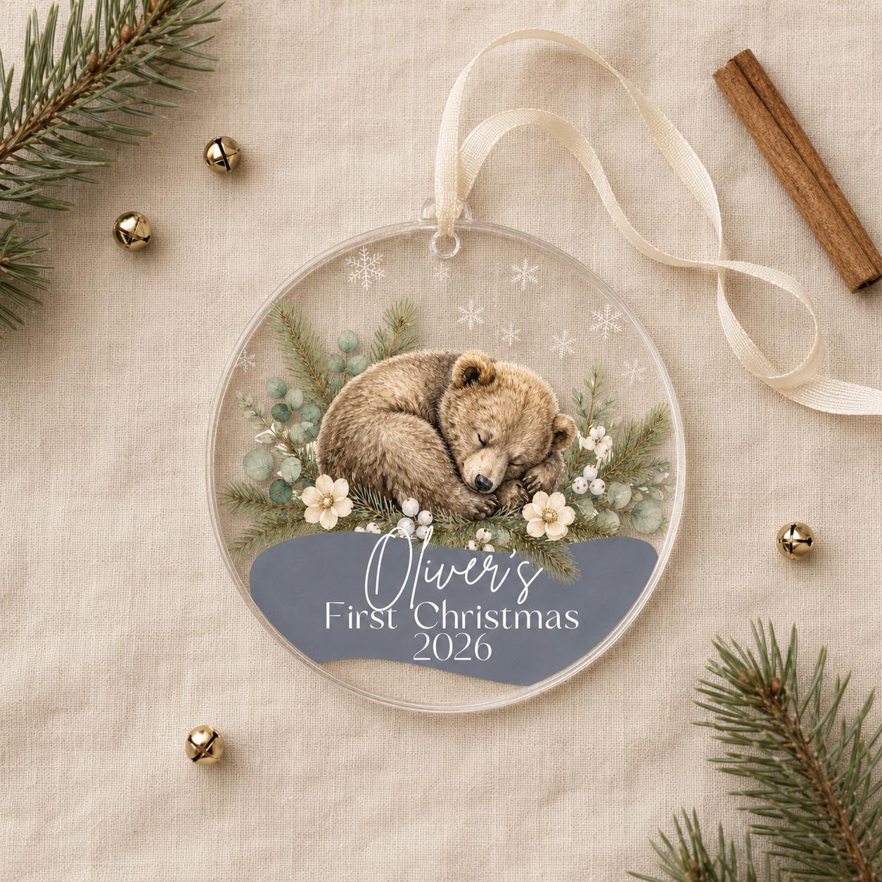Baby's First Christmas Ornament 2026, Personalized Fawn Acrylic Ornament, Custom Name Woodland BearKeepsake, New Baby Gift, Sage Nursery