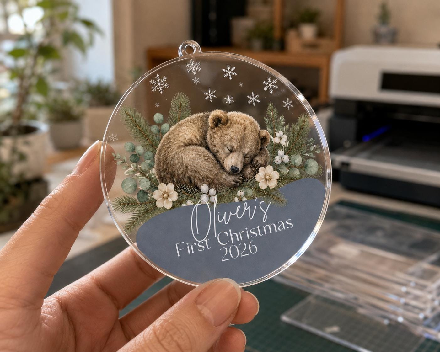 Baby's First Christmas Ornament 2026, Personalized Fawn Acrylic Ornament, Custom Name Woodland BearKeepsake, New Baby Gift, Sage Nursery