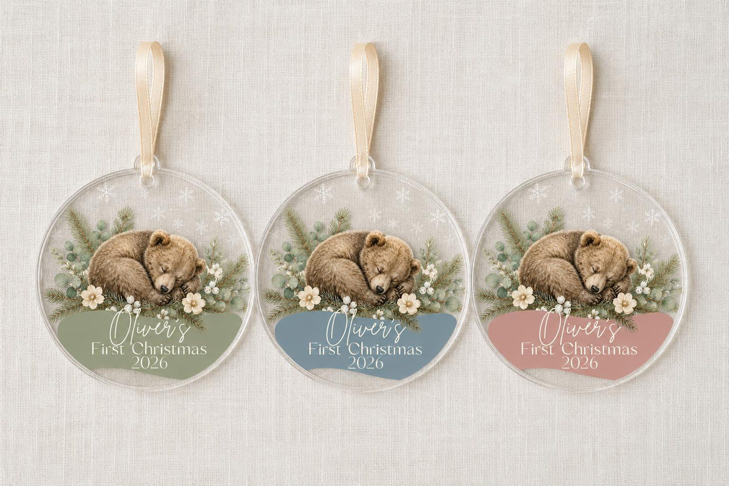Baby's First Christmas Ornament 2026, Personalized Fawn Acrylic Ornament, Custom Name Woodland BearKeepsake, New Baby Gift, Sage Nursery