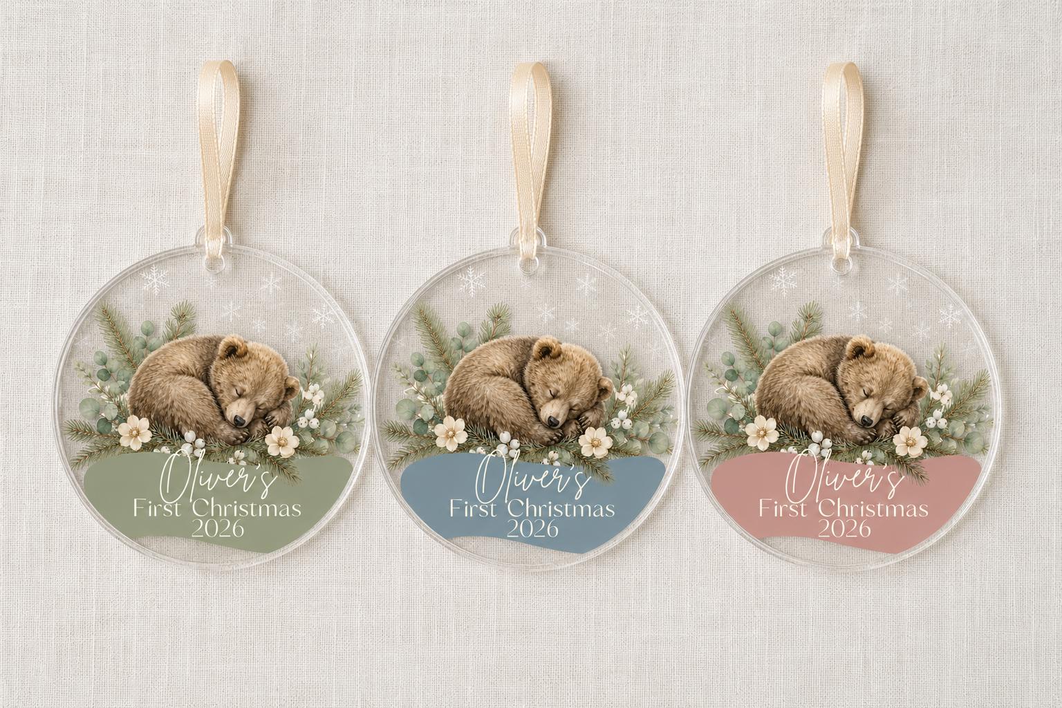 Baby's First Christmas Ornament 2026, Personalized Fawn Acrylic Ornament, Custom Name Woodland BearKeepsake, New Baby Gift, Sage Nursery