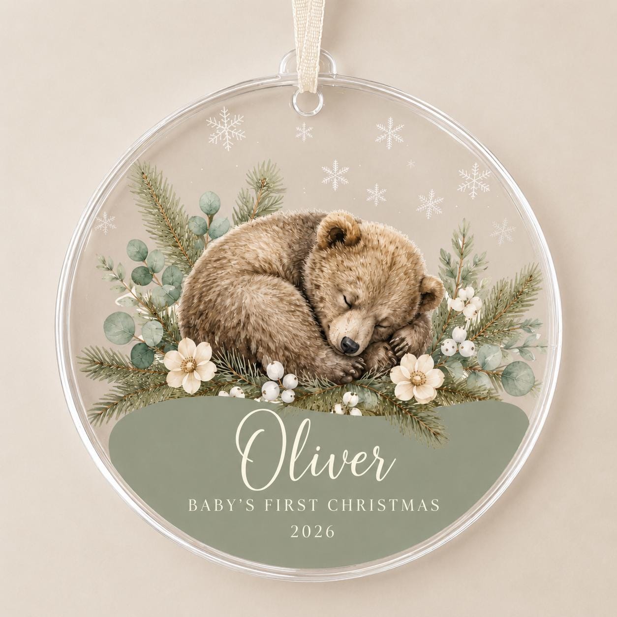 Baby's First Christmas Ornament 2026, Personalized Fawn Acrylic Ornament, Custom Name Woodland BearKeepsake, New Baby Gift, Sage Nursery
