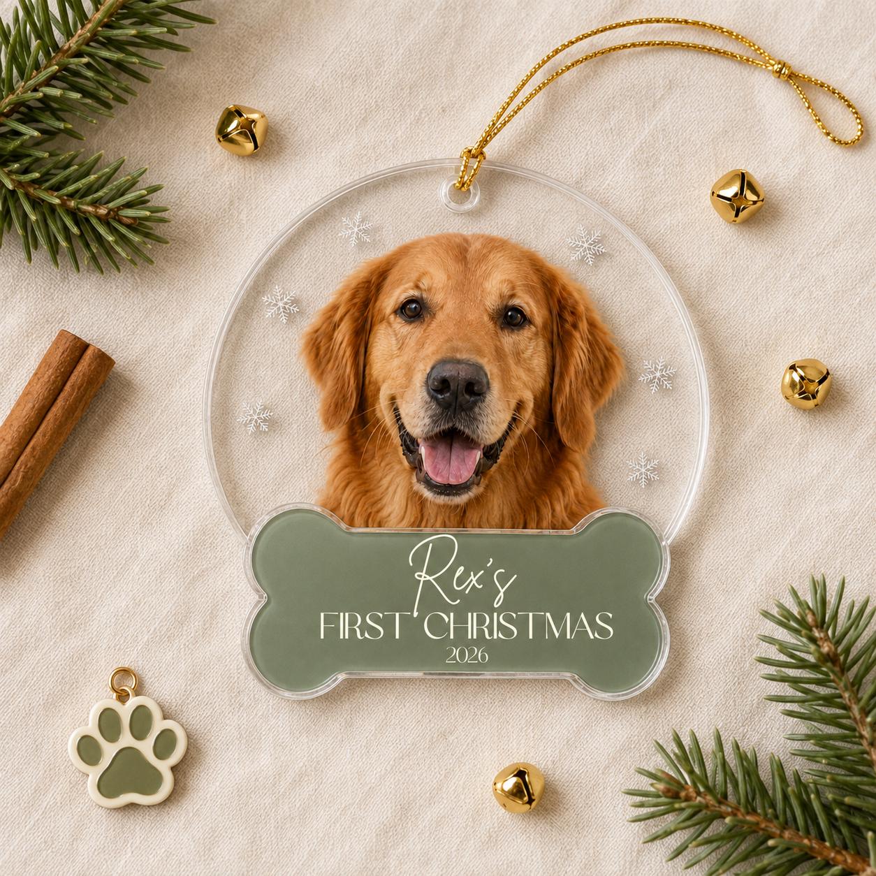 Pet's First Christmas Ornament 2026, Personalized Dog Photo Ornament, Custom Name Acrylic Bone Shape, New Puppy Gift, Cat Keepsake Christmas