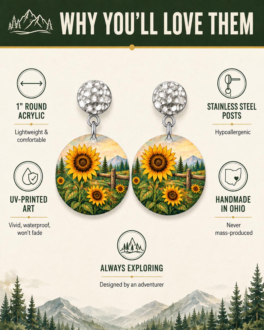 Sunflower Earrings, Nature Dangle Earrings, Sunflower Gift for Women, Floral Boho Jewelry, Mountain Wildflower Field, Handmade in Ohio