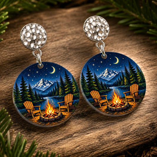 Camping Earrings, Campfire Night Sky Dangle Earrings, Nature Gift for Women, Cabin Lake Jewelry, Starry Mountain Scene, Handmade in Ohio