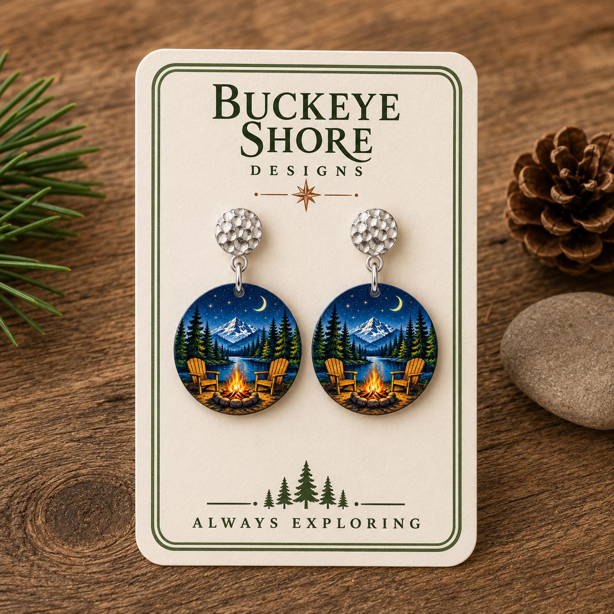Camping Earrings, Campfire Night Sky Dangle Earrings, Nature Gift for Women, Cabin Lake Jewelry, Starry Mountain Scene, Handmade in Ohio