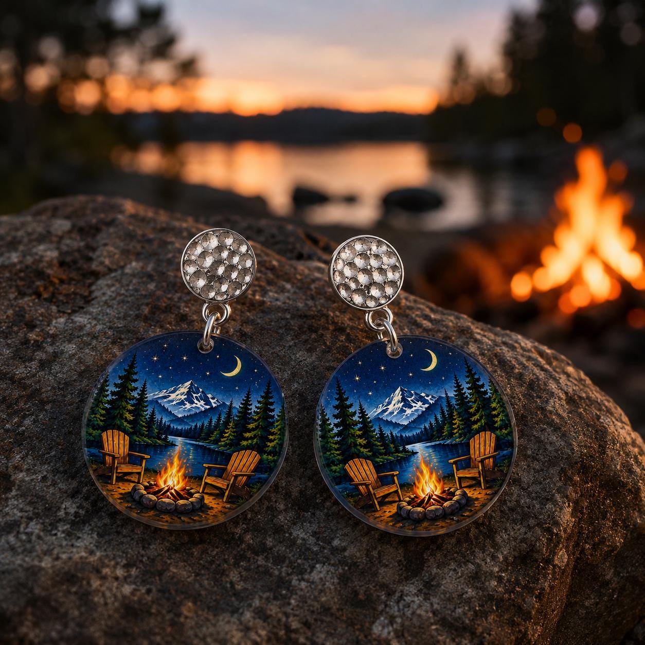 Camping Earrings, Campfire Night Sky Dangle Earrings, Nature Gift for Women, Cabin Lake Jewelry, Starry Mountain Scene, Handmade in Ohio