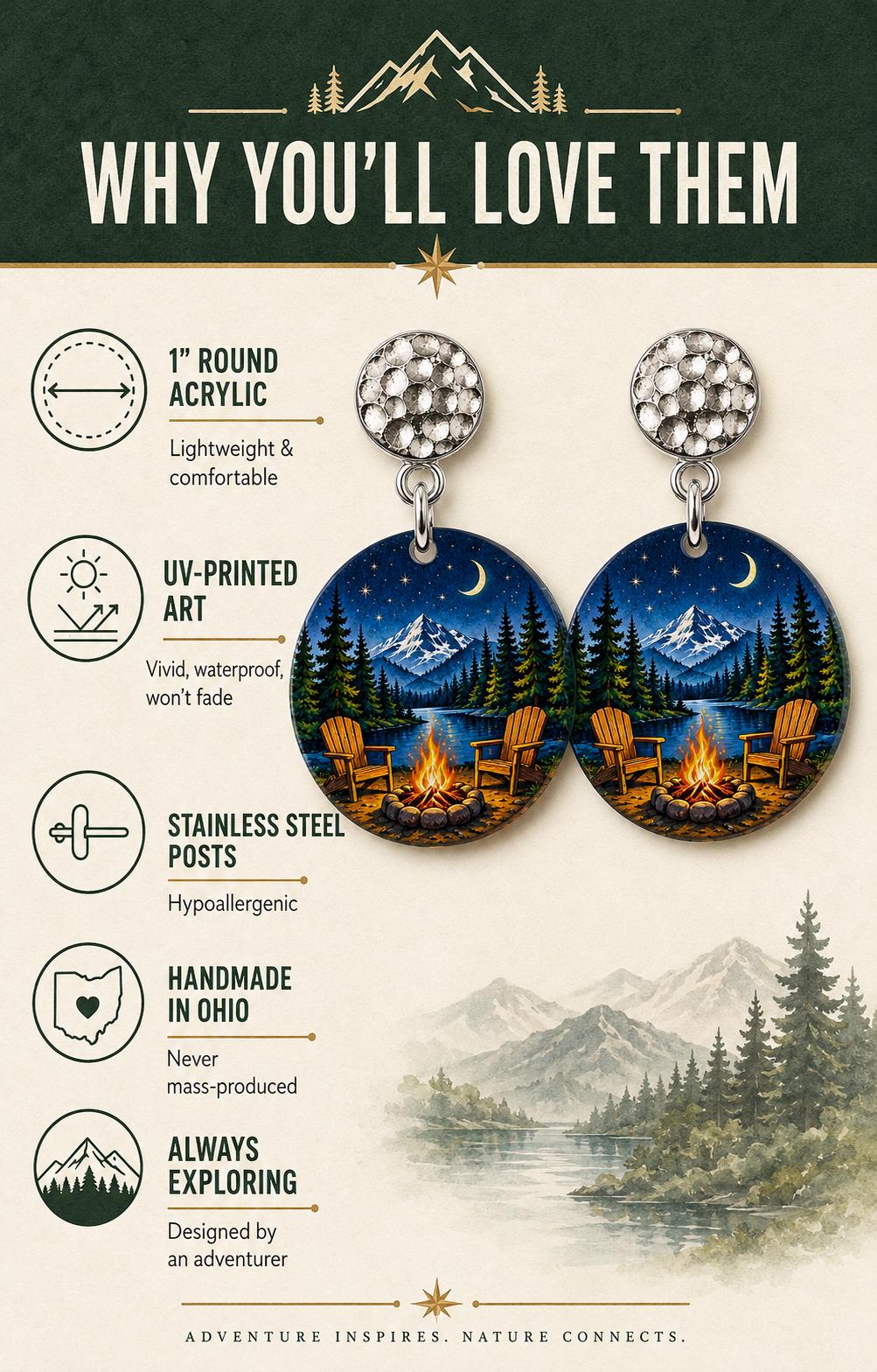 Camping Earrings, Campfire Night Sky Dangle Earrings, Nature Gift for Women, Cabin Lake Jewelry, Starry Mountain Scene, Handmade in Ohio