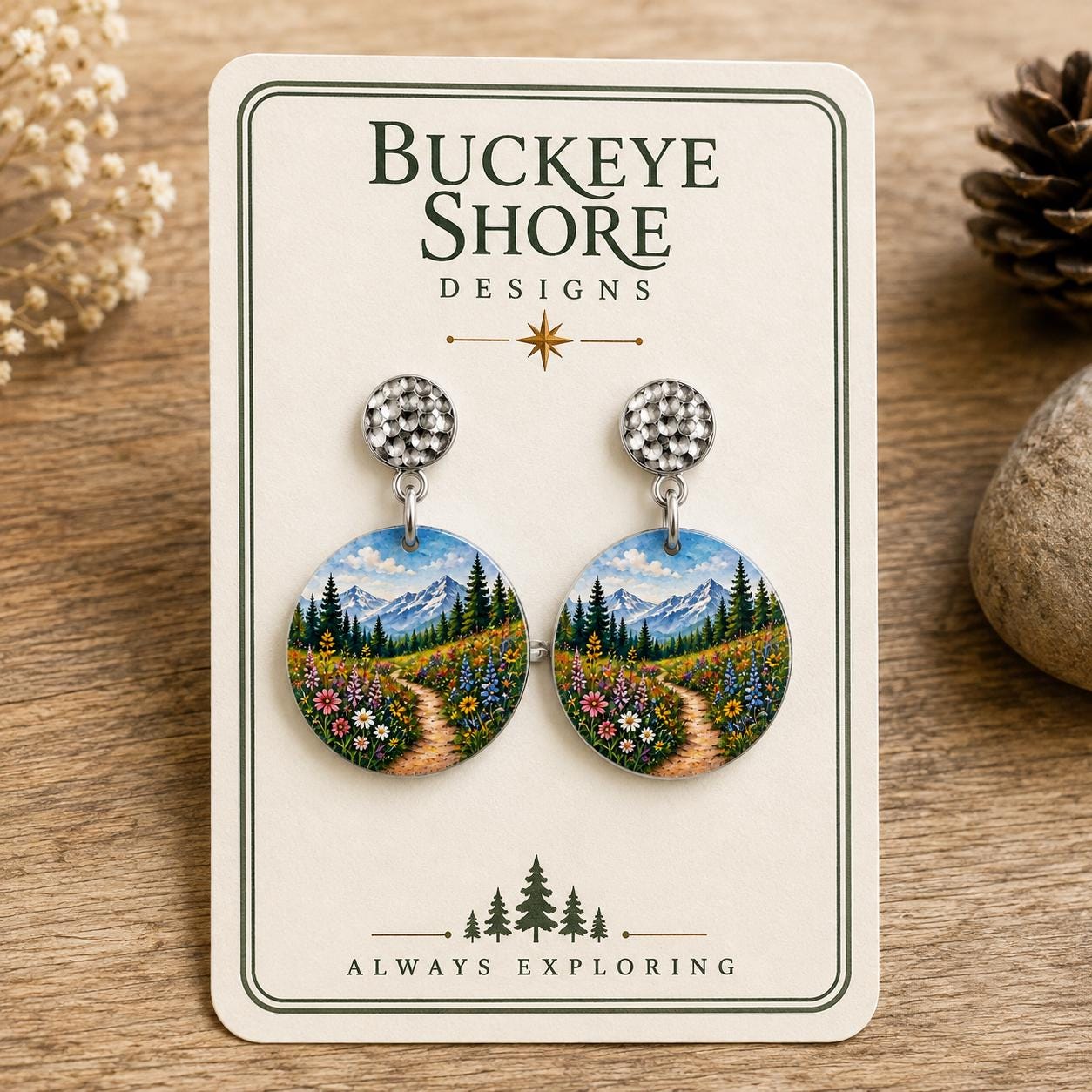 Wildflower Earrings, Mountain Meadow Dangle Earrings, Hiking Gift for Women, Nature Lover Jewelry, Floral Trail Scene, Handmade in Ohio