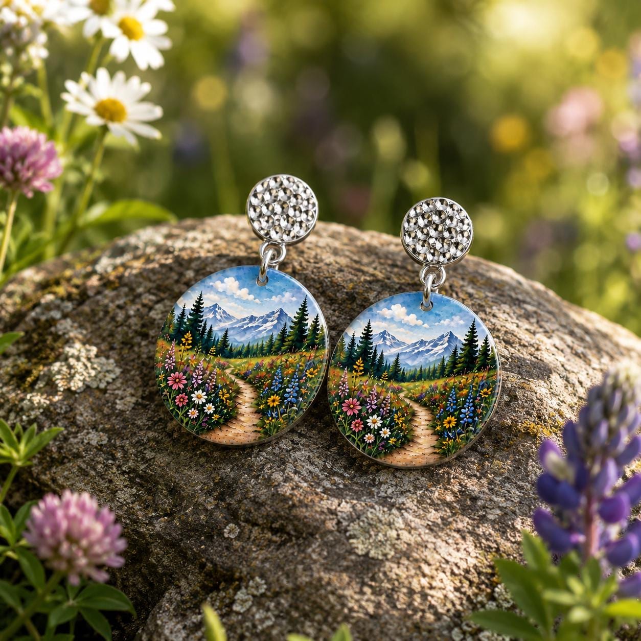 Wildflower Earrings, Mountain Meadow Dangle Earrings, Hiking Gift for Women, Nature Lover Jewelry, Floral Trail Scene, Handmade in Ohio