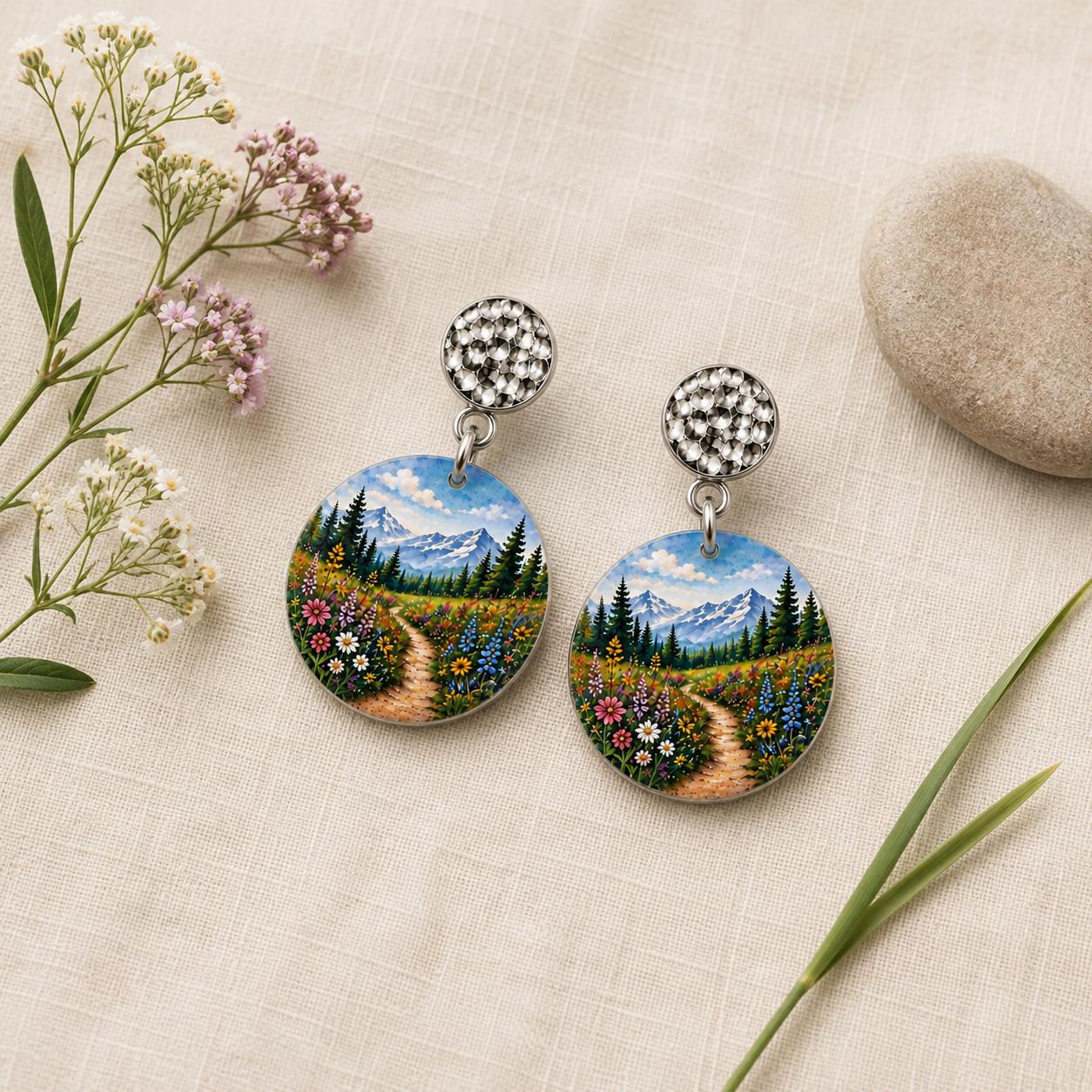 Wildflower Earrings, Mountain Meadow Dangle Earrings, Hiking Gift for Women, Nature Lover Jewelry, Floral Trail Scene, Handmade in Ohio