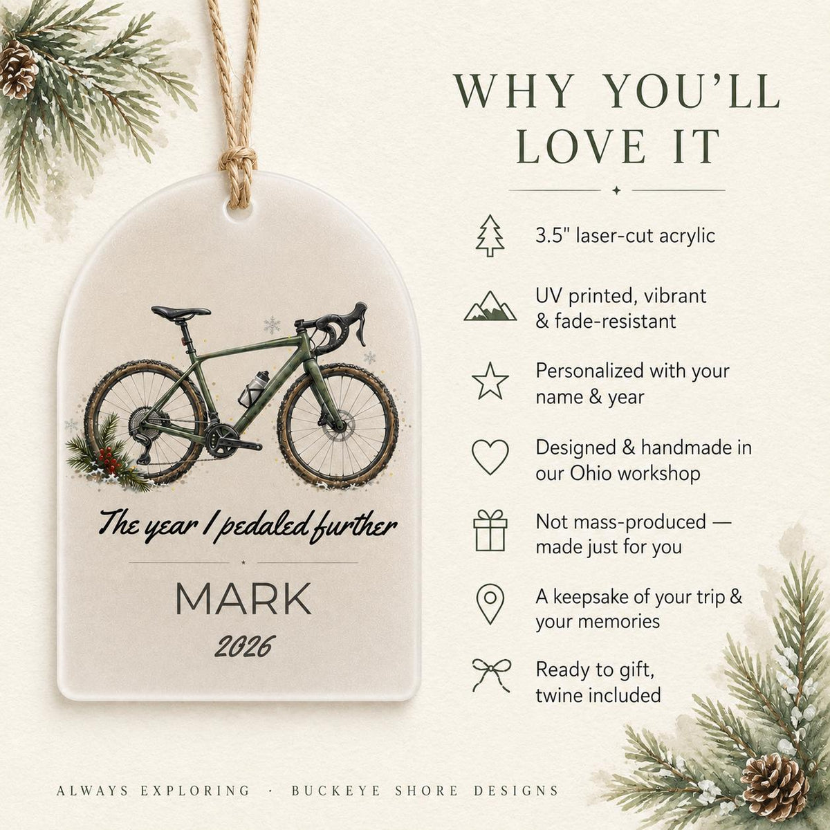 Biking Ornament, Personalized Cyclist Gift, The Year I Pedaled Further, Bike Lover Christmas Ornament, Bike Rider Gift