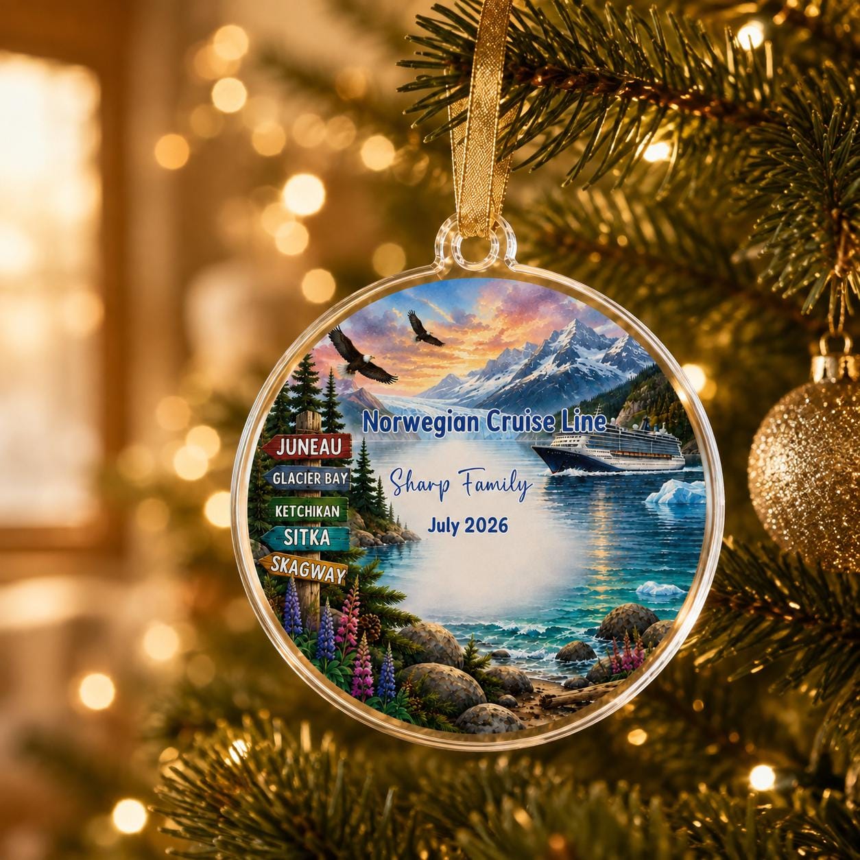 Personalized Alaska Cruise Ornament, Custom Alaskan Cruise Ship Christmas Ornament, Glacier Bay Keepsake, Family Cruise Gift, Ports & Names