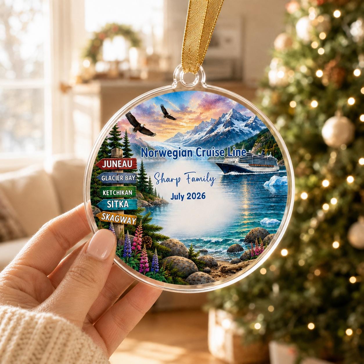 Personalized Alaska Cruise Ornament, Custom Alaskan Cruise Ship Christmas Ornament, Glacier Bay Keepsake, Family Cruise Gift, Ports & Names