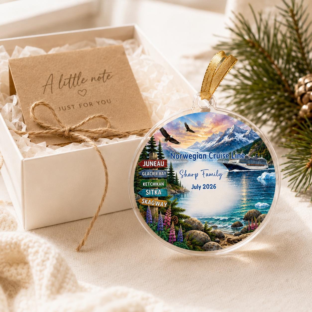 Personalized Alaska Cruise Ornament, Custom Alaskan Cruise Ship Christmas Ornament, Glacier Bay Keepsake, Family Cruise Gift, Ports & Names