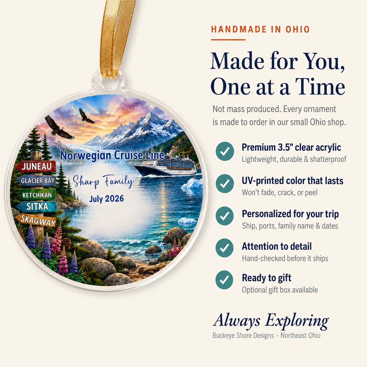 Personalized Alaska Cruise Ornament, Custom Alaskan Cruise Ship Christmas Ornament, Glacier Bay Keepsake, Family Cruise Gift, Ports & Names