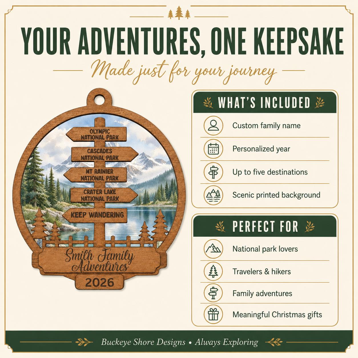 Personalized Travel Signpost Ornament, National Park Family Adventure Keepsake, Destination Christmas Ornament, Traveler Gift, Hiker Gift