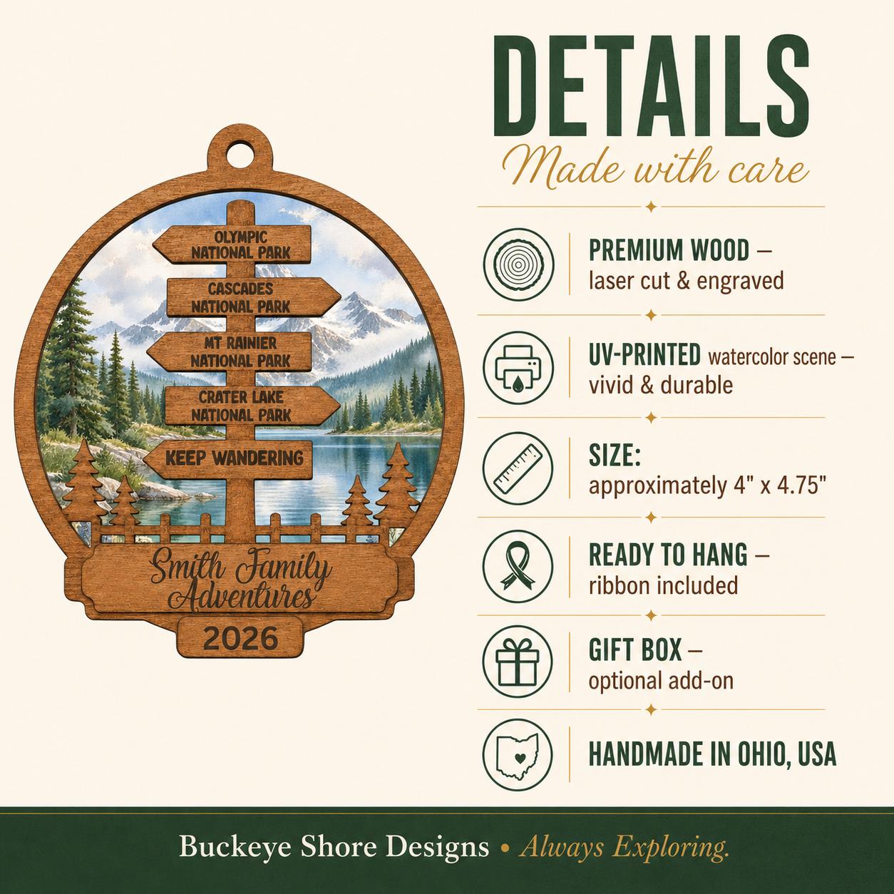 Personalized Travel Signpost Ornament, National Park Family Adventure Keepsake, Destination Christmas Ornament, Traveler Gift, Hiker Gift