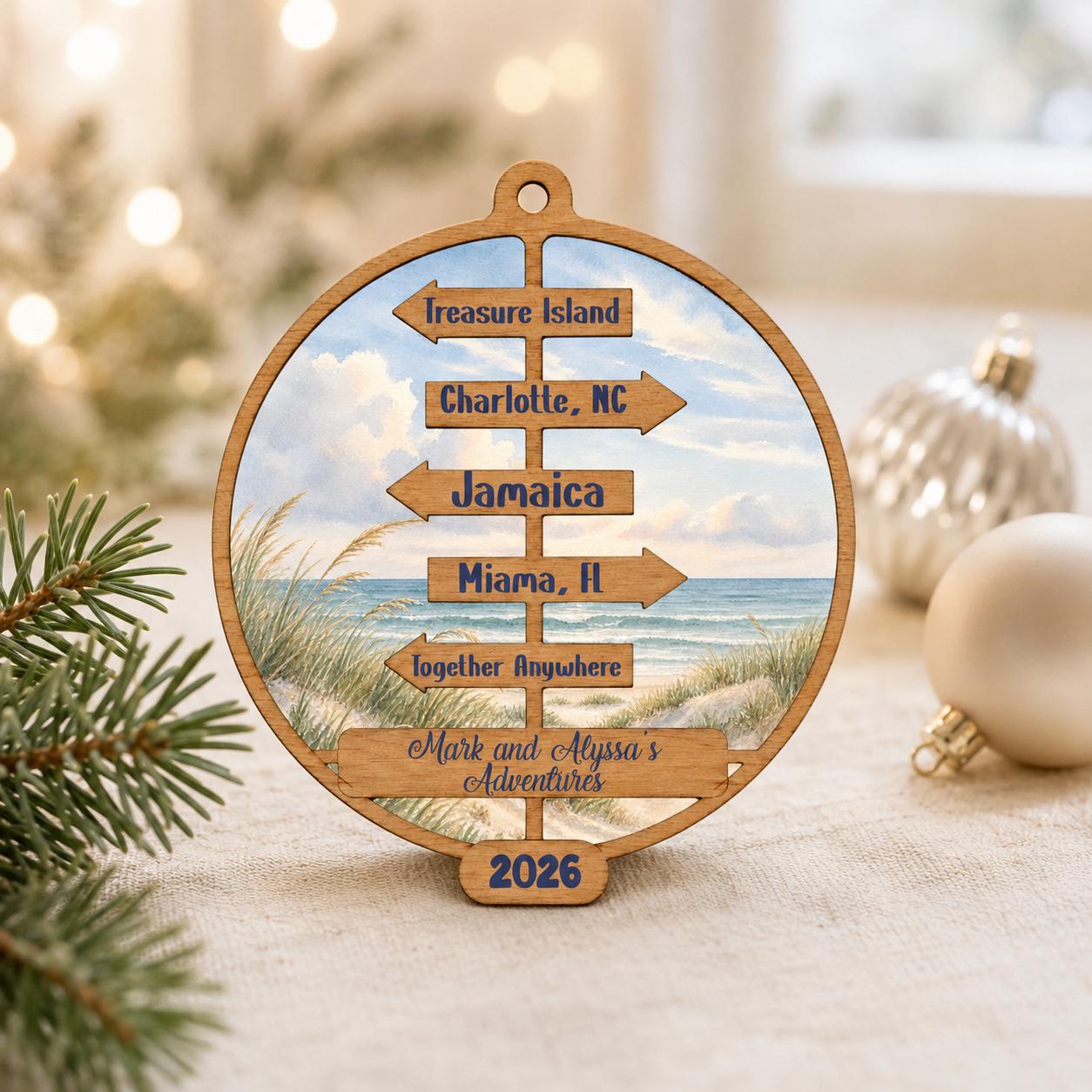 Personalized Beach Signpost Ornament, Coastal Vacation Keepsake, Beach Destination Christmas Ornament, Couple Travel Gift, Beach Lover