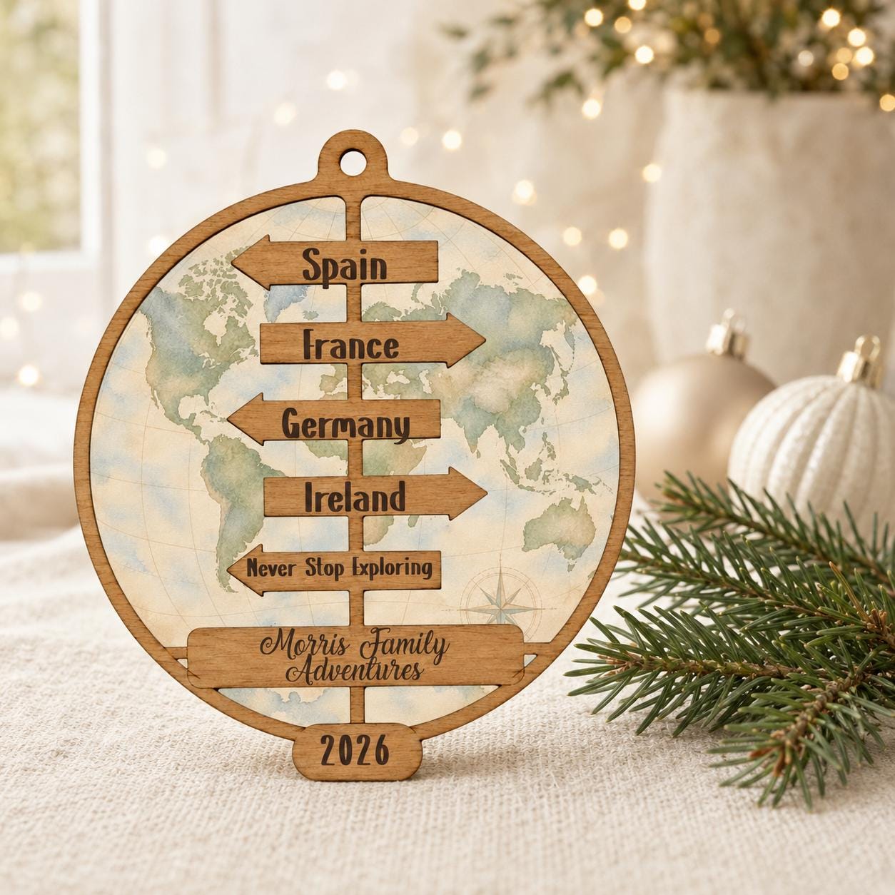 Personalized Travel Adventure Ornament, Custom Destination Signpost Keepsake, Family Travel Christmas Ornament, Traveler Gift, Wander Gift