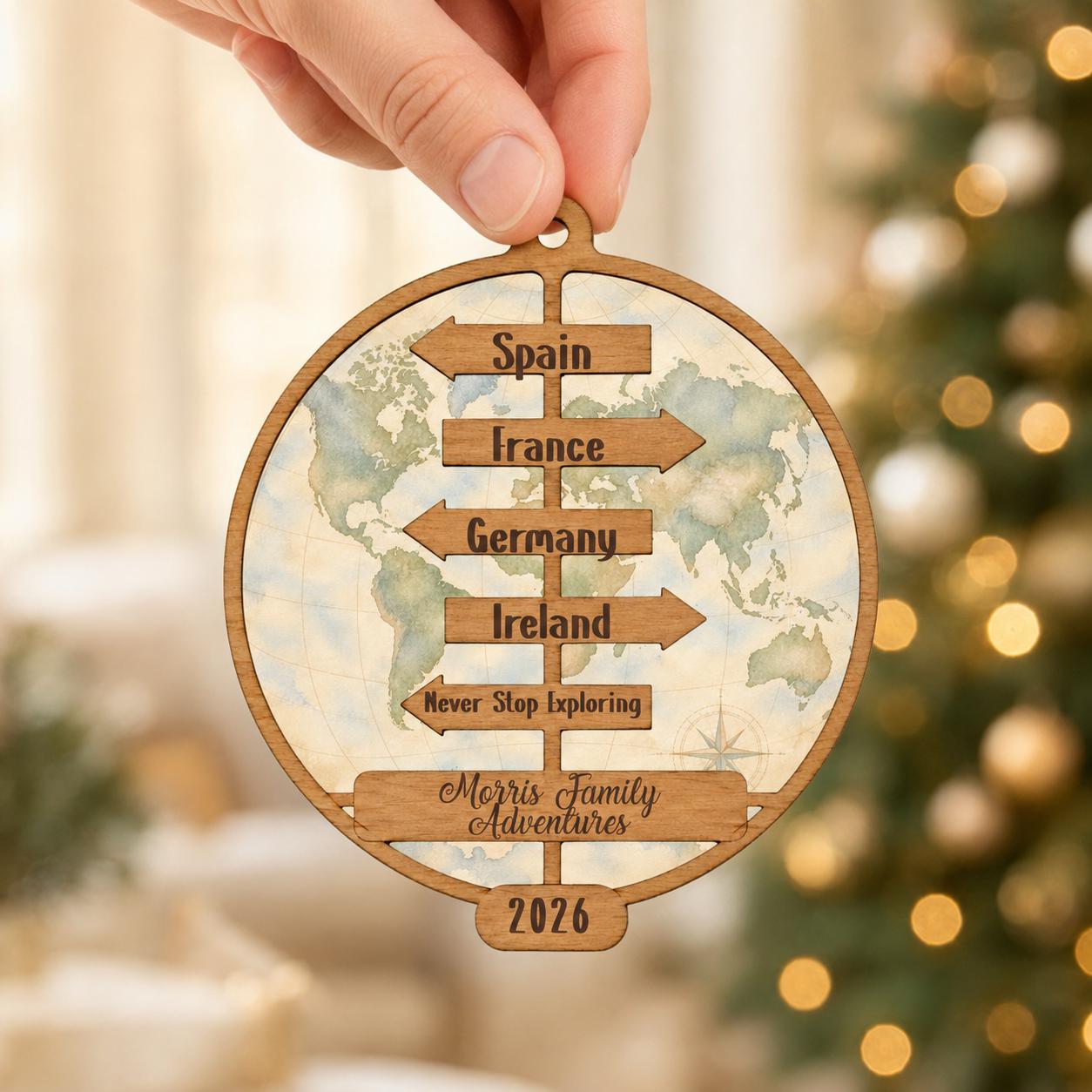 Personalized Travel Adventure Ornament, Custom Destination Signpost Keepsake, Family Travel Christmas Ornament, Traveler Gift, Wander Gift