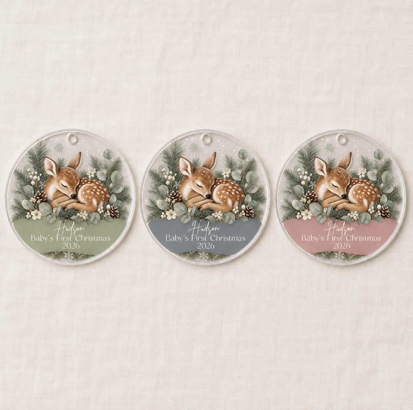 Baby's First Christmas Ornament 2026, Personalized Fawn Acrylic Ornament, Custom Name Woodland Deer Keepsake, New Baby Gift, Sage Nursery