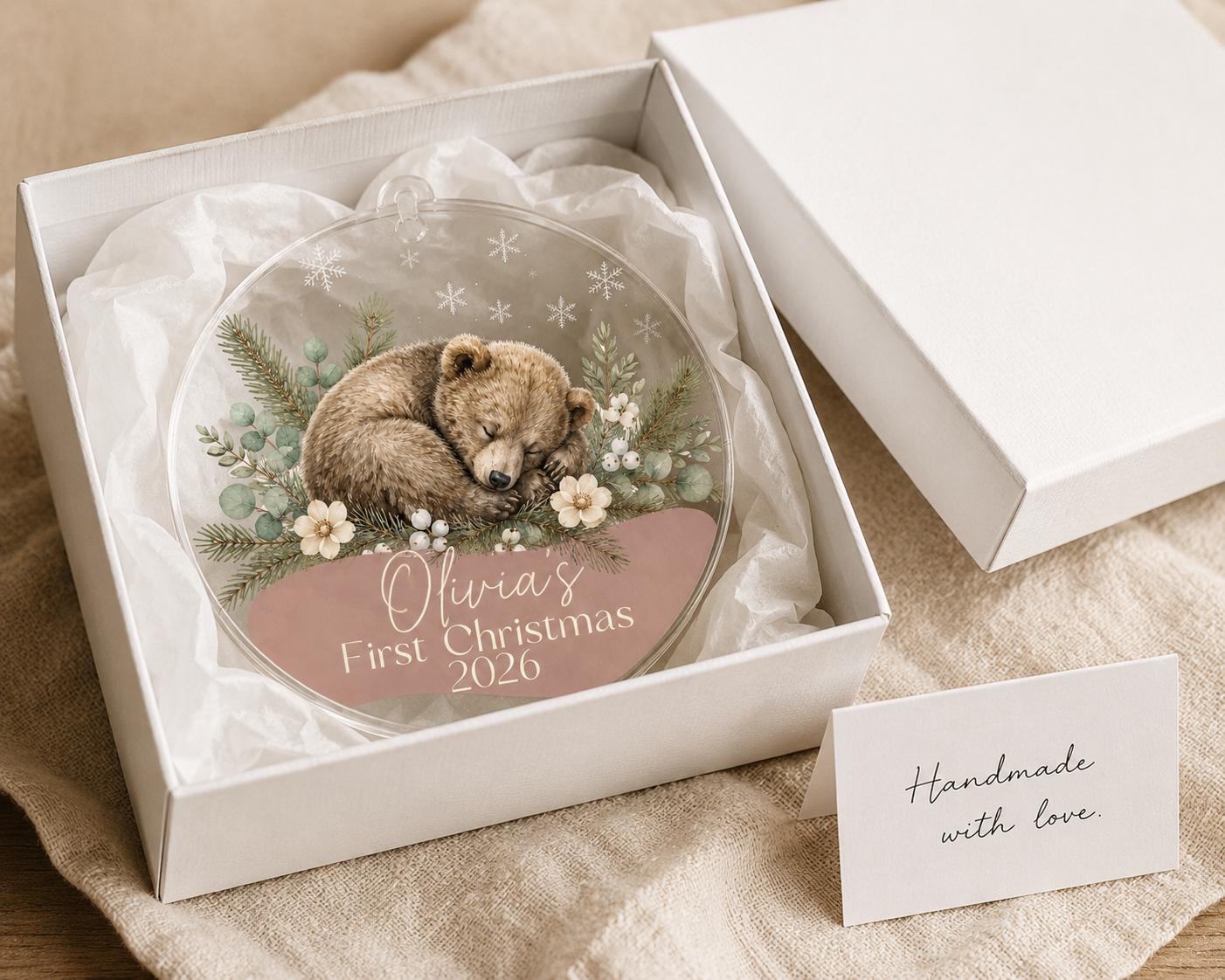 Baby's First Christmas Ornament 2026, Personalized Fawn Acrylic Ornament, Custom Name Woodland BearKeepsake, New Baby Gift, Sage Nursery