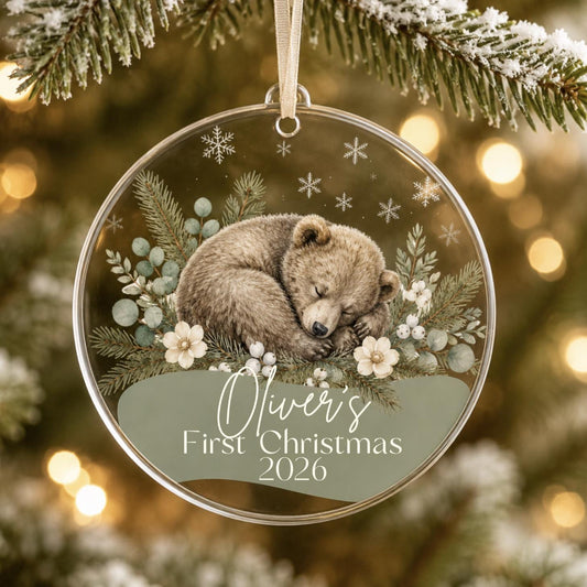 Baby's First Christmas Ornament 2026, Personalized Fawn Acrylic Ornament, Custom Name Woodland BearKeepsake, New Baby Gift, Sage Nursery
