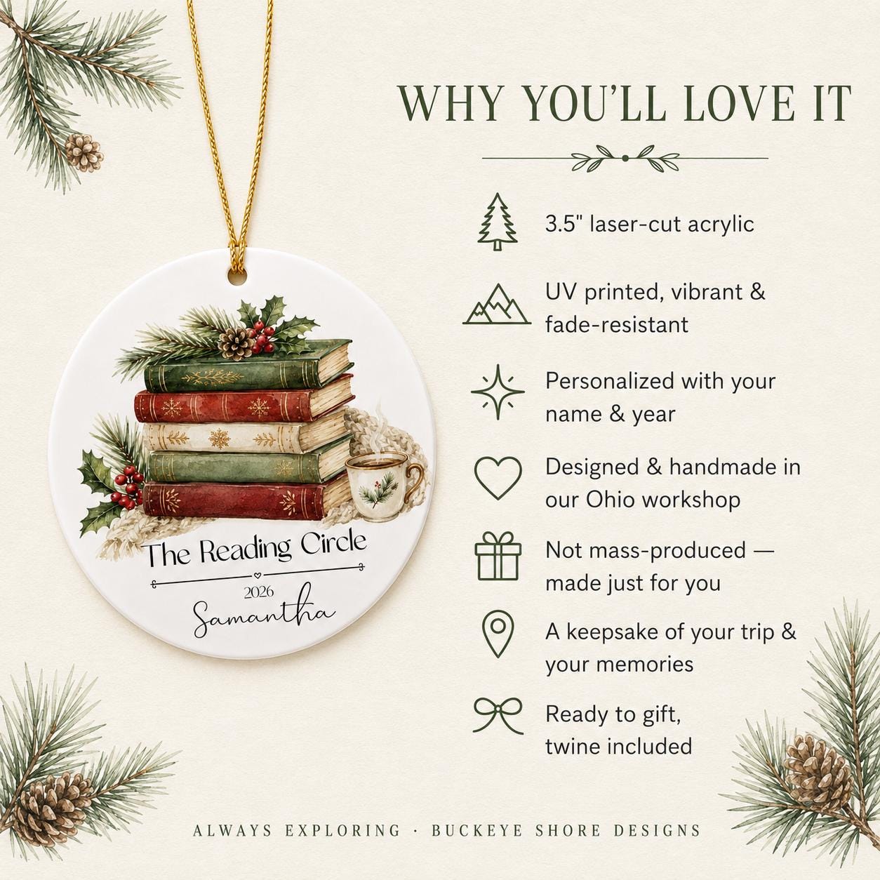 Book Club Ornament Personalized, Reading Circle Christmas Gift, Custom Book Lover Ornament,Personalized Reading Gift, Book Club Gift For Her