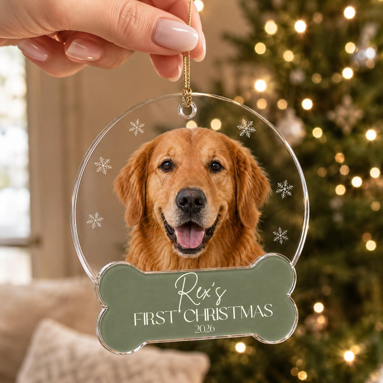 Pet's First Christmas Ornament 2026, Personalized Dog Photo Ornament, Custom Name Acrylic Bone Shape, New Puppy Gift, Cat Keepsake Christmas