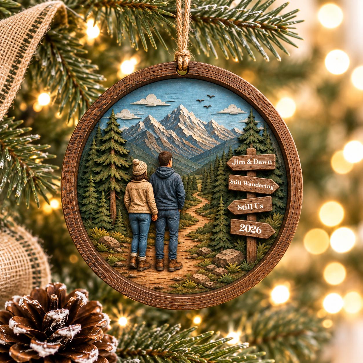 Hiking Ornament Personalized, Adventure Couple Christmas Ornament, Custom Wood Hiking Gift, Hiking Couple Gift, Trail Signpost Ornament