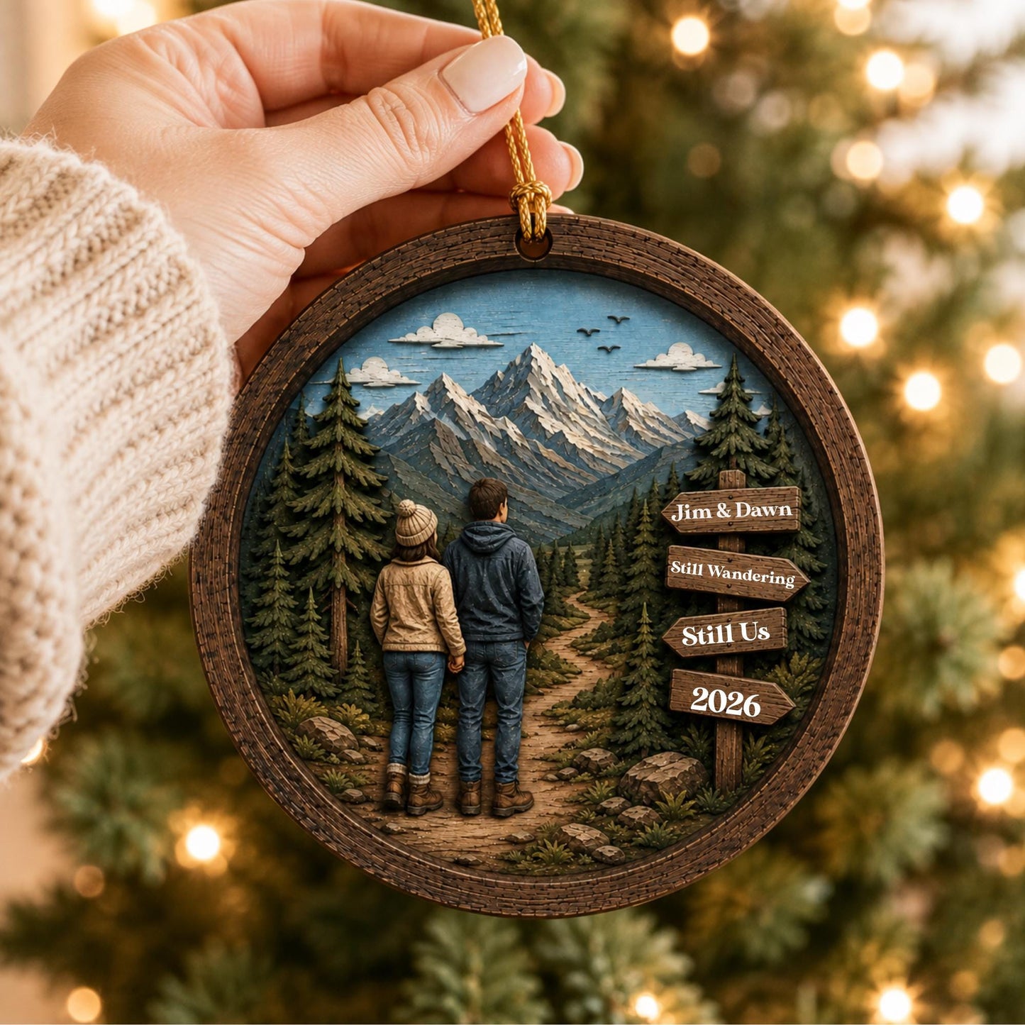 Hiking Ornament Personalized, Adventure Couple Christmas Ornament, Custom Wood Hiking Gift, Hiking Couple Gift, Trail Signpost Ornament
