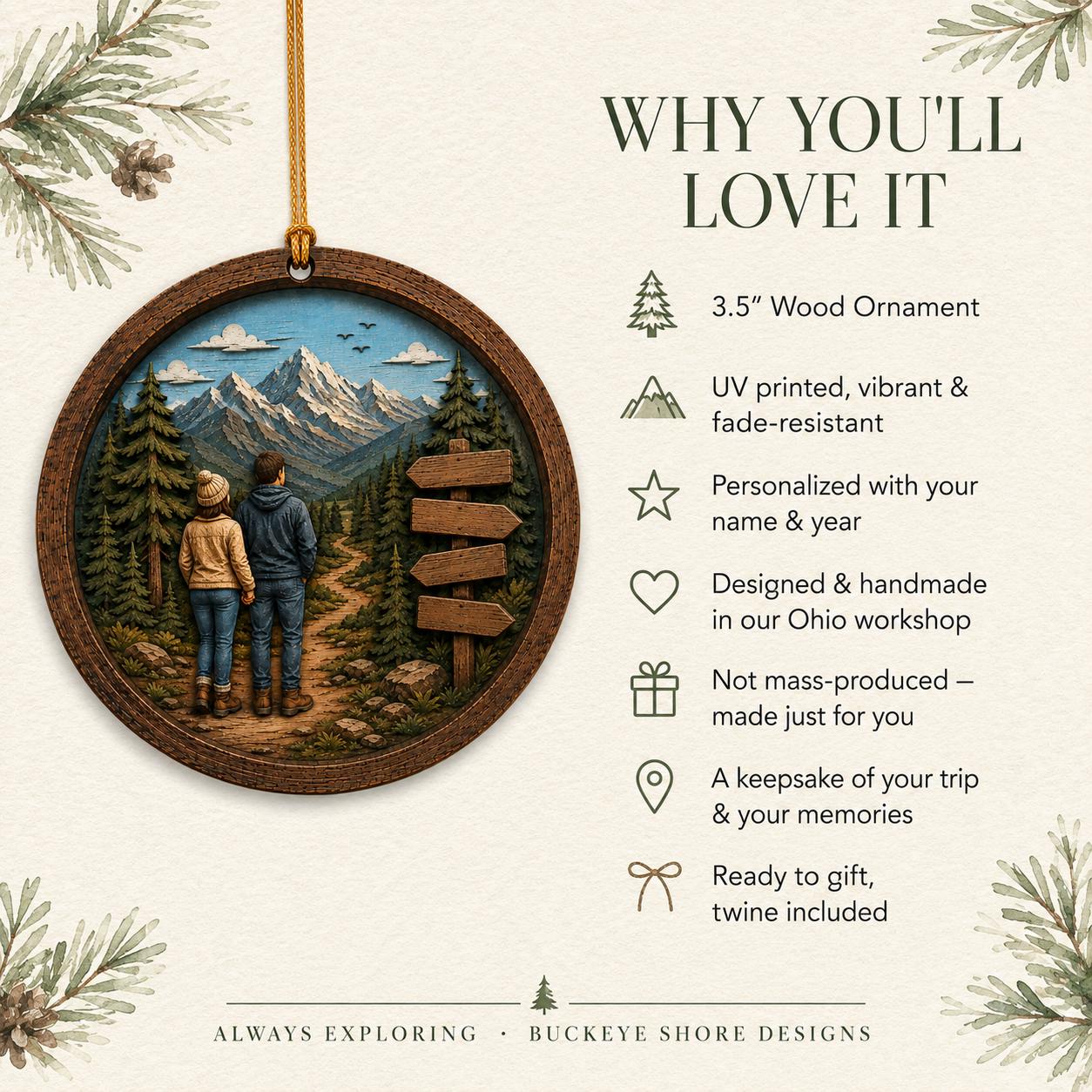 Hiking Ornament Personalized, Adventure Couple Christmas Ornament, Custom Wood Hiking Gift, Hiking Couple Gift, Trail Signpost Ornament