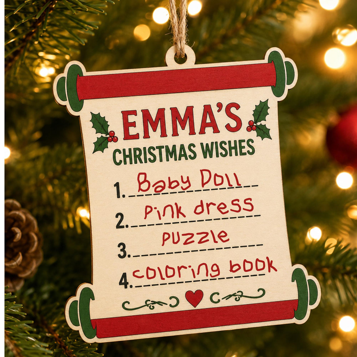 Personalized Christmas Wish List Ornament, Kids Santa Letter Ornament, Name Wood Ornament, Dear Santa Scroll, Painted Wooden Christmas Gift