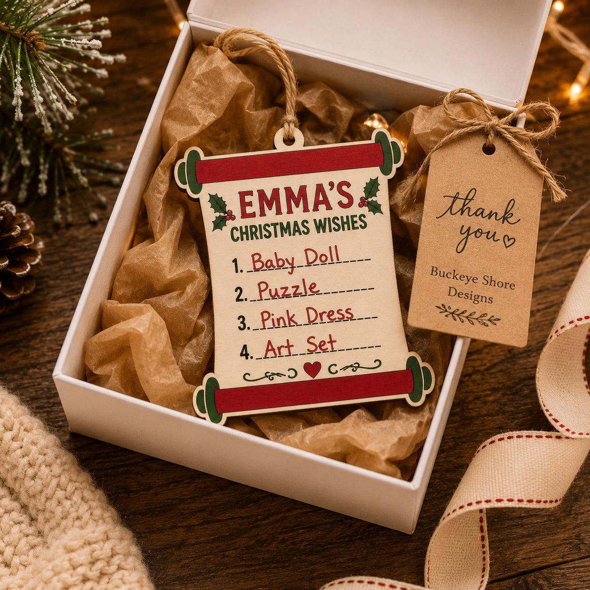 Personalized Christmas Wish List Ornament, Kids Santa Letter Ornament, Name Wood Ornament, Dear Santa Scroll, Painted Wooden Christmas Gift