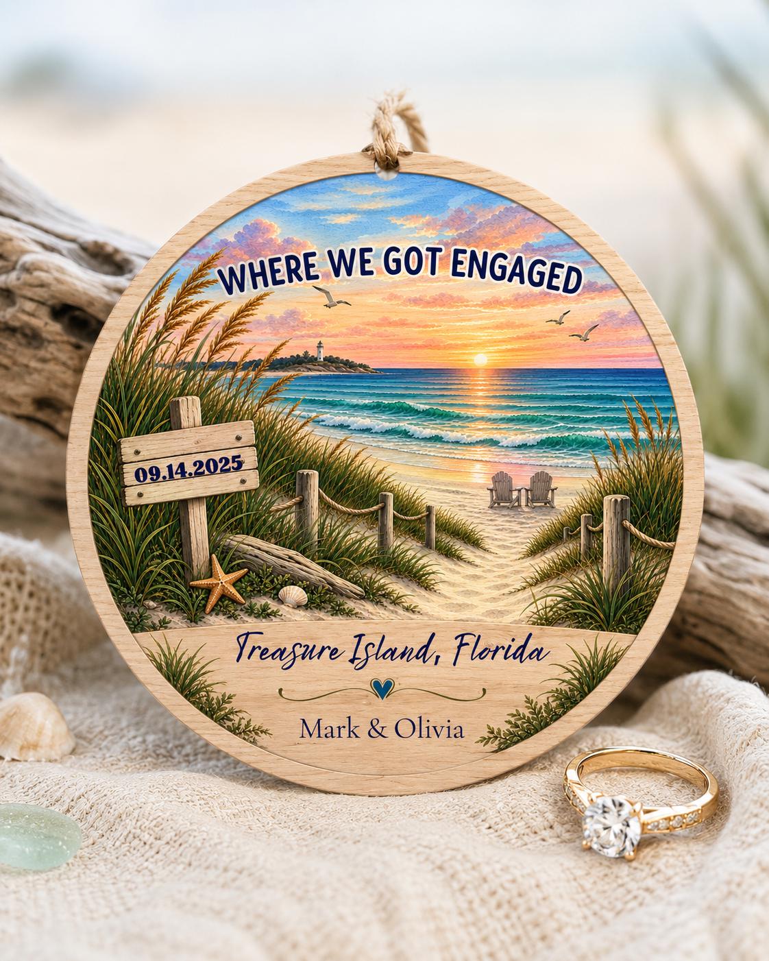 Where We Got Engaged Ornament, Personalized Proposal Gift, Custom Names Wood Christmas Ornament, Beach Engagement Keepsake