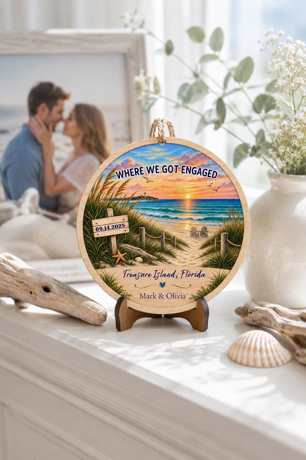 Where We Got Engaged Ornament, Personalized Proposal Gift, Custom Names Wood Christmas Ornament, Beach Engagement Keepsake