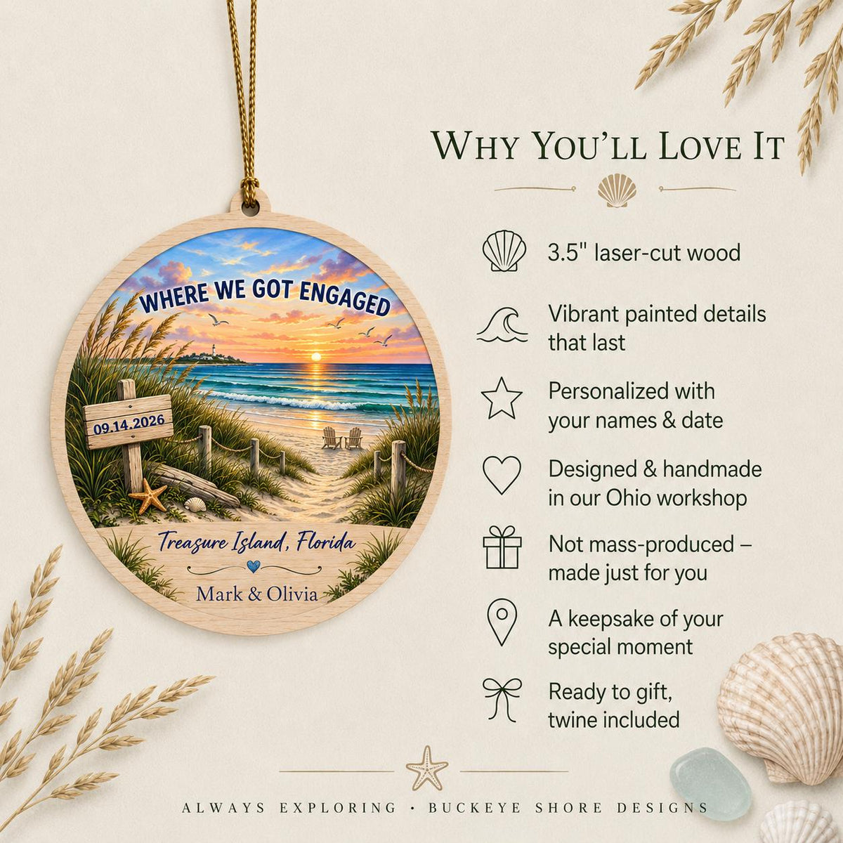 Where We Got Engaged Ornament, Personalized Proposal Gift, Custom Names Wood Christmas Ornament, Beach Engagement Keepsake