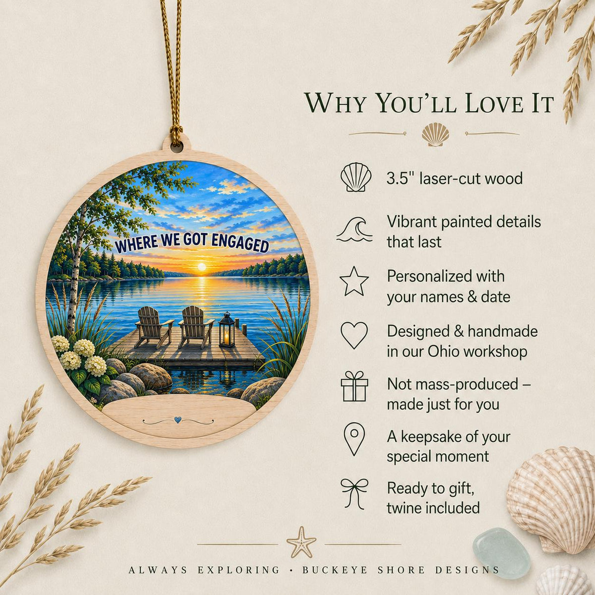 Where We Got Engaged Ornament, Personalized Proposal Gift, Custom Names Wood Christmas Ornament, Lake Engagement Keepsake