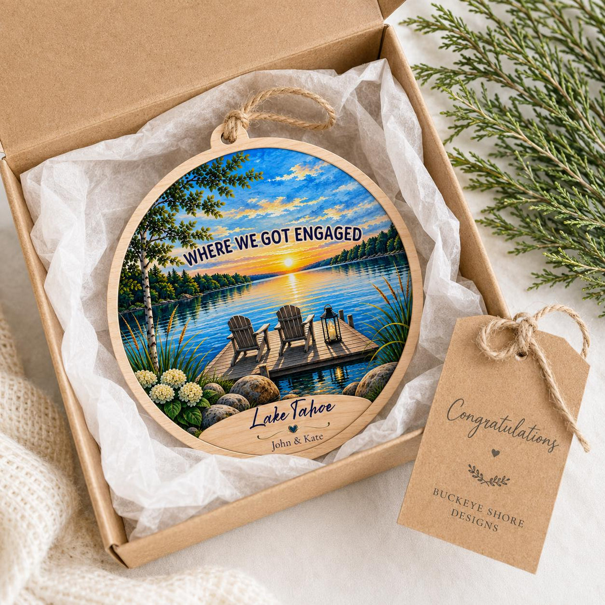 Where We Got Engaged Ornament, Personalized Proposal Gift, Custom Names Wood Christmas Ornament, Lake Engagement Keepsake